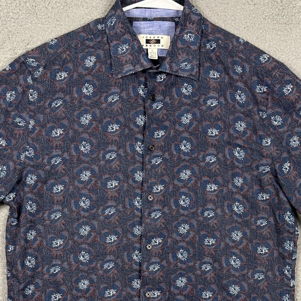 Joseph Abboud Linen Blend Shirt Mens Large‎ Blue Floral Button Up Short Sleeve